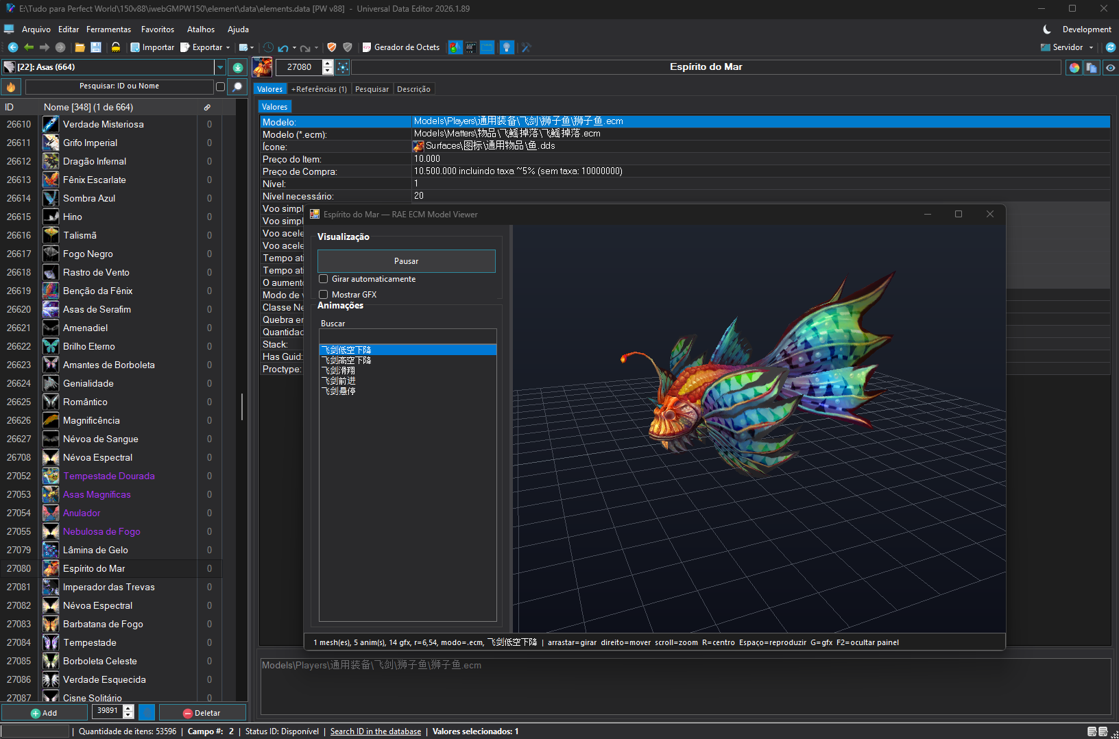 Editor Universal visualizando asas